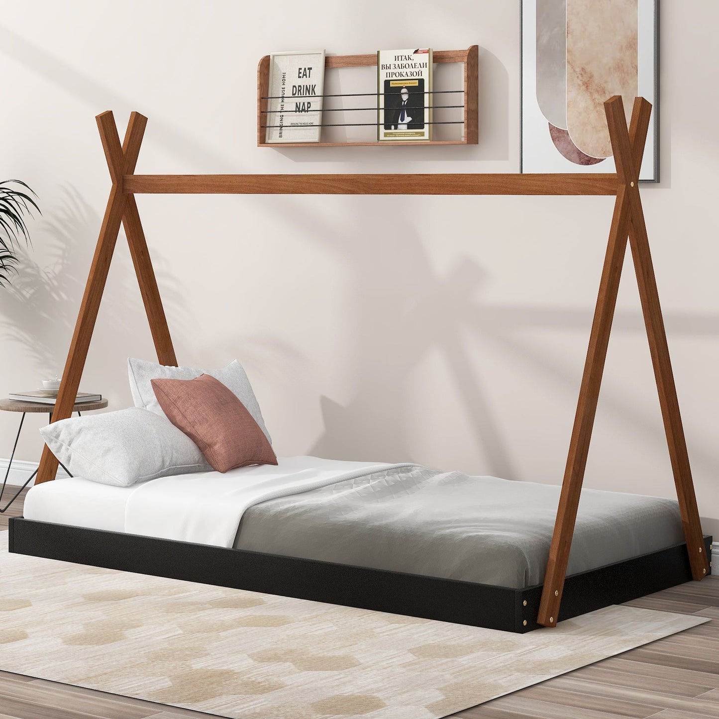 Twin Size Tent Floor Bed with Triangle Structure, Black+Brown - Korvel
