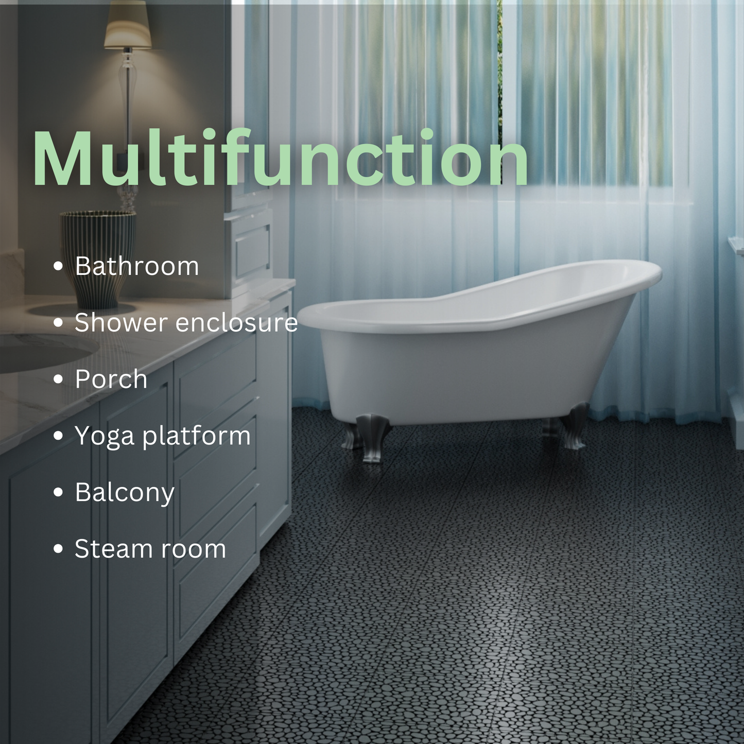 12 x 12 inch black interlocking deck tiles, plastic waterproofing, pebble pattern, pack of 12 - Korvel