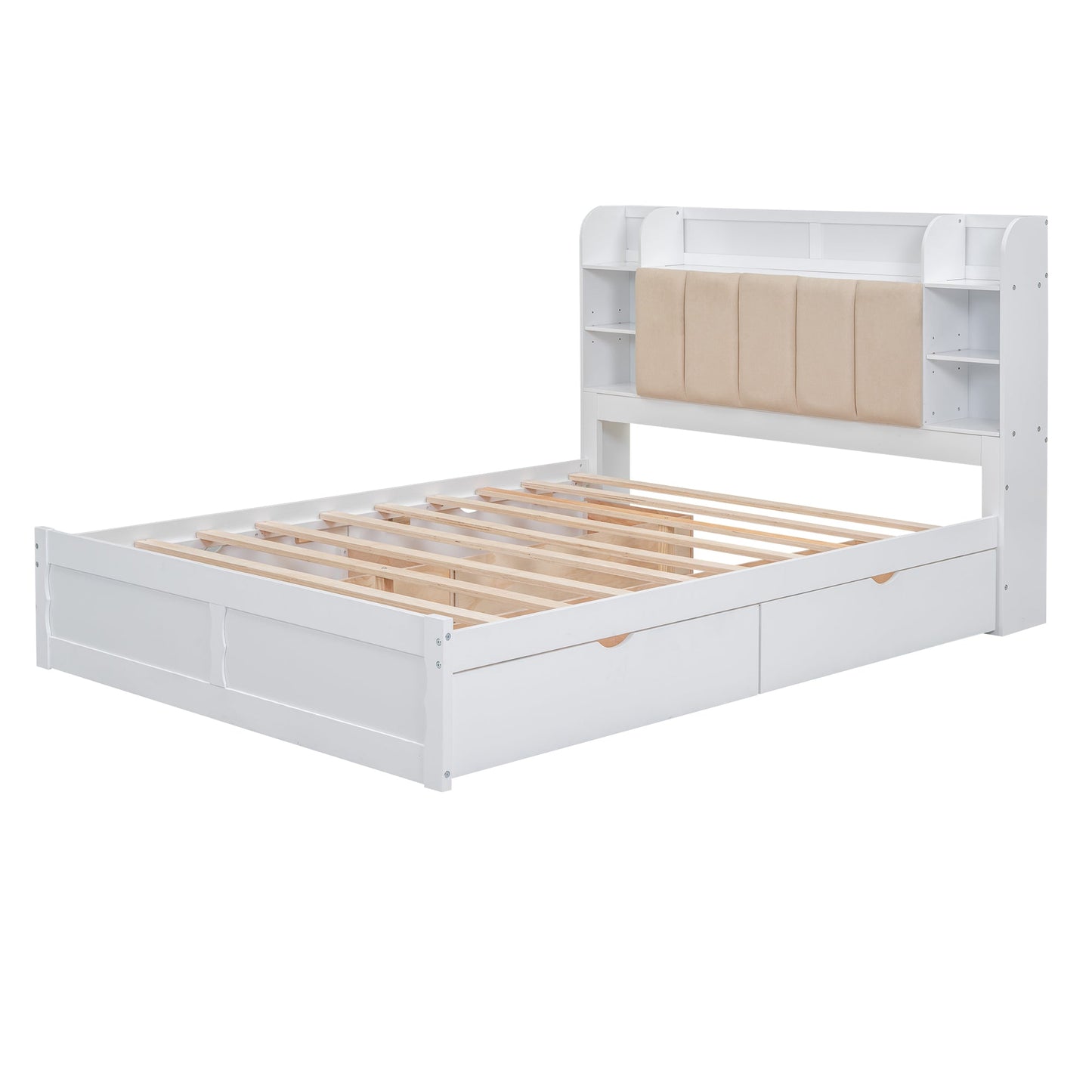 Wood Queen Size Platform Bed with Storage Headboard  Shelves and 4 Drawers  White - Korvel