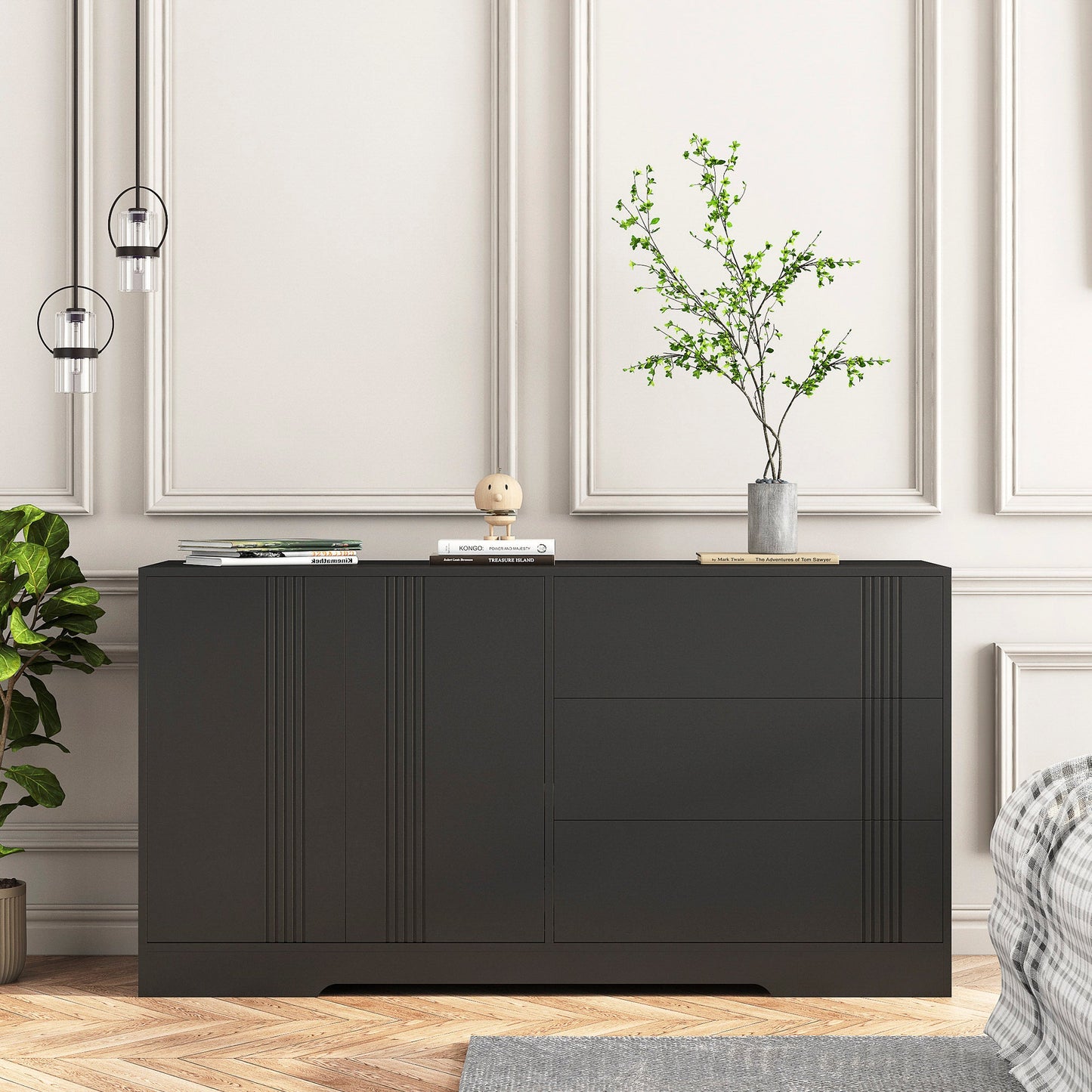 Modern kitchen buffet lockers with storage space, drawers and doors, and a large coffee bar with adjustable kitchen shelves - Korvel