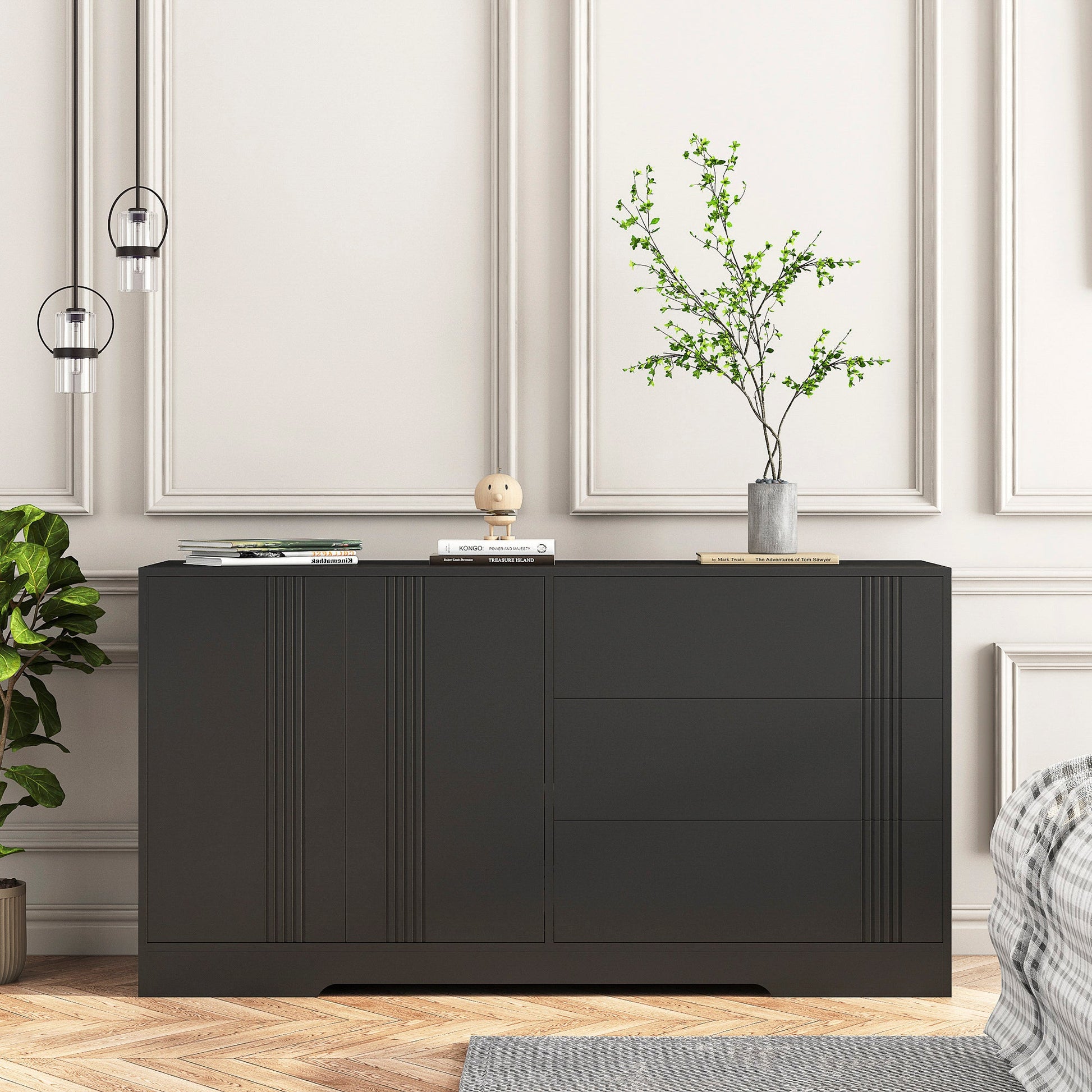Modern kitchen buffet lockers with storage space, drawers and doors, and a large coffee bar with adjustable kitchen shelves - Korvel