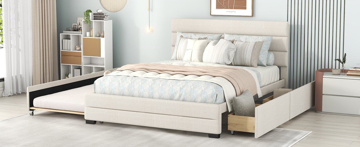 Queen Upholstered Platform Bed with Twin Size Trundle and Two Drawers  Beige - Korvel