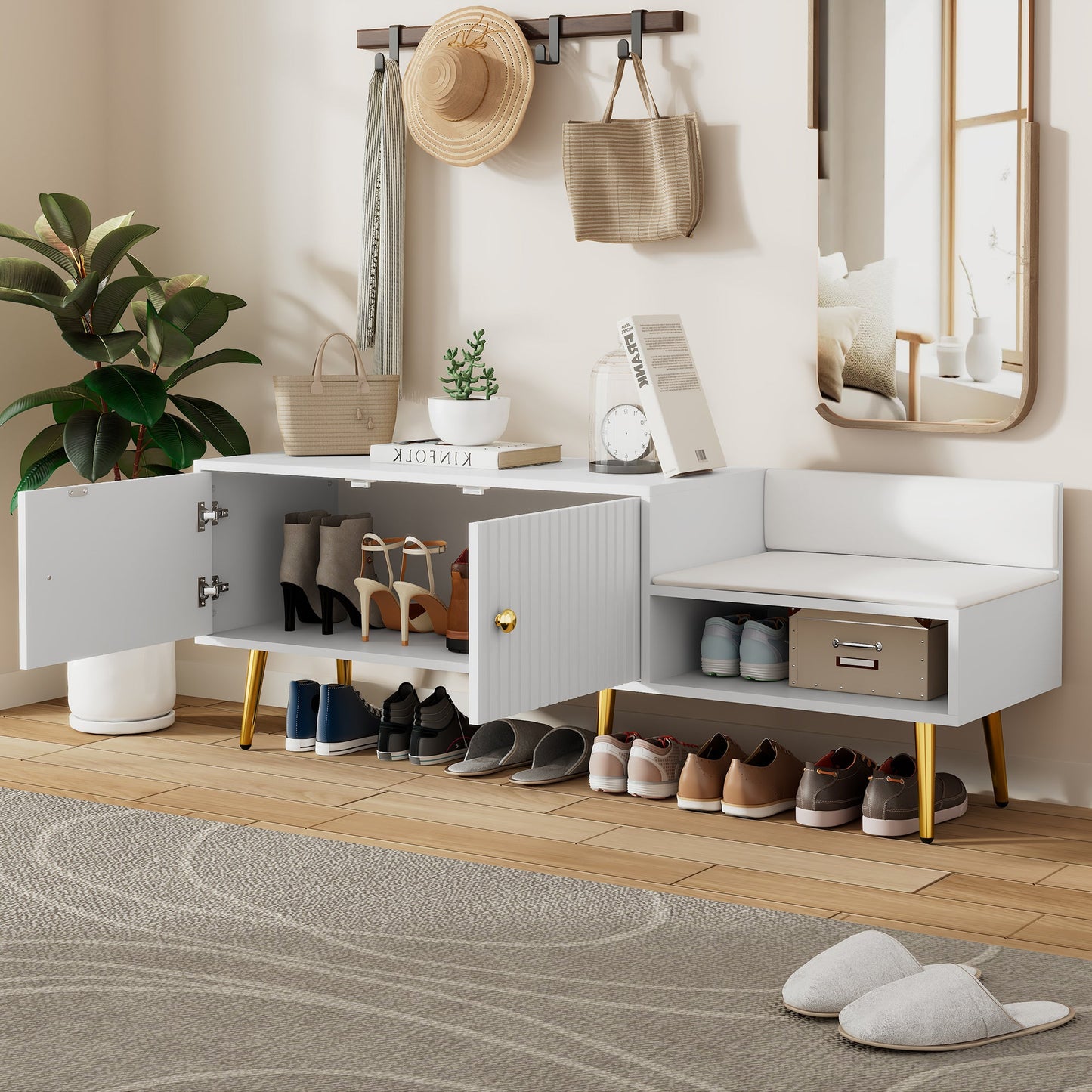 Banc de rangement pour chaussures blanc moderne avec rangement caché