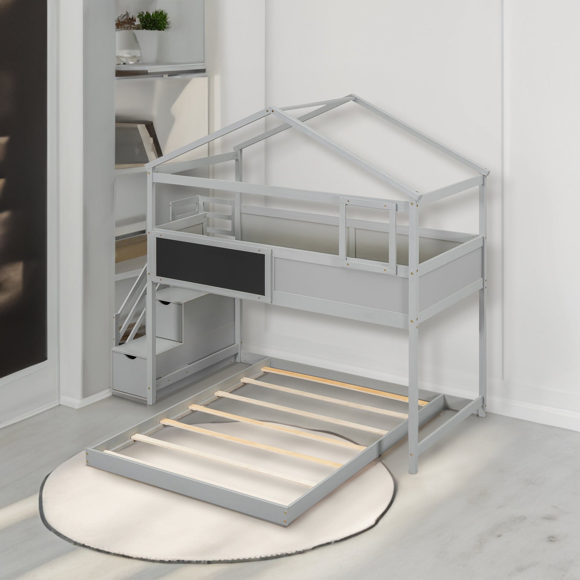Twin over Full House Bunk Bed with Storage Staircase and Blackboard Gray - Korvel