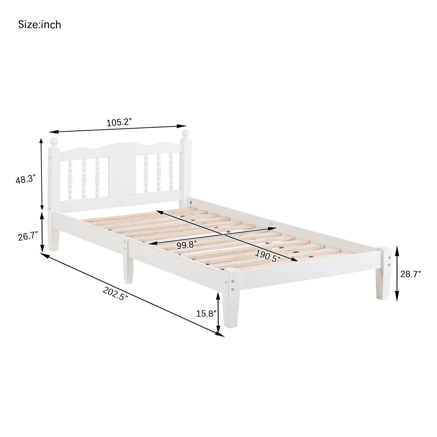 Twin Bed with Column-Decoration Headboard, with Bed Slats,White - Korvel