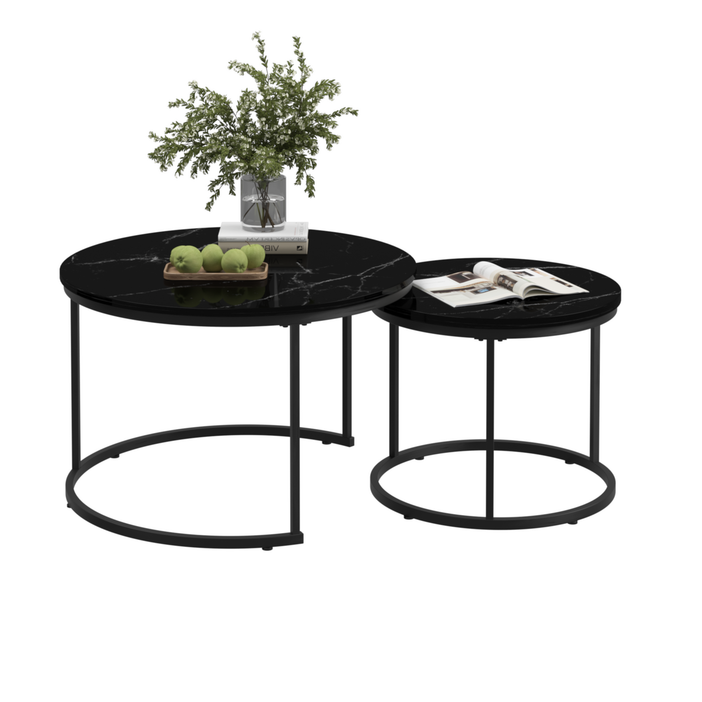 A set of nested coffee tables, 27.6-inch round coffee table, wooden marble patterned tabletop, sturdy metal frame (black) - Korvel