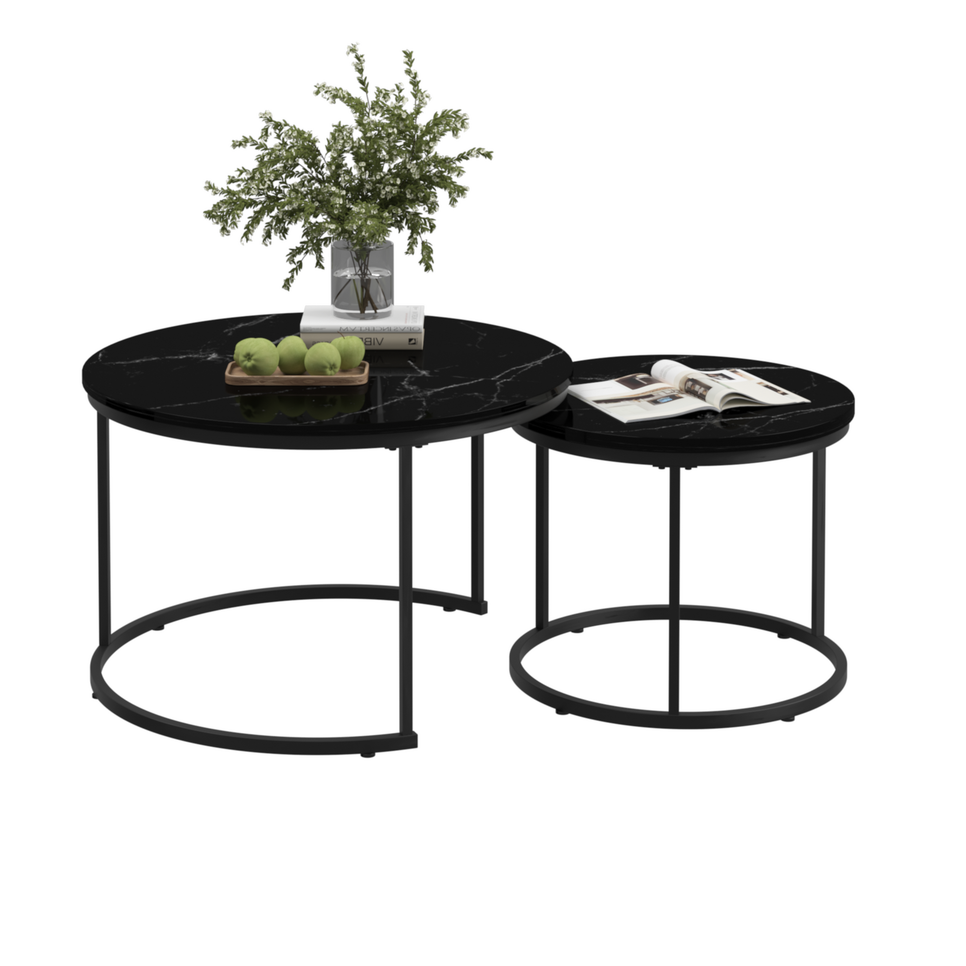 A set of nested coffee tables, 27.6-inch round coffee table, wooden marble patterned tabletop, sturdy metal frame (black) - Korvel
