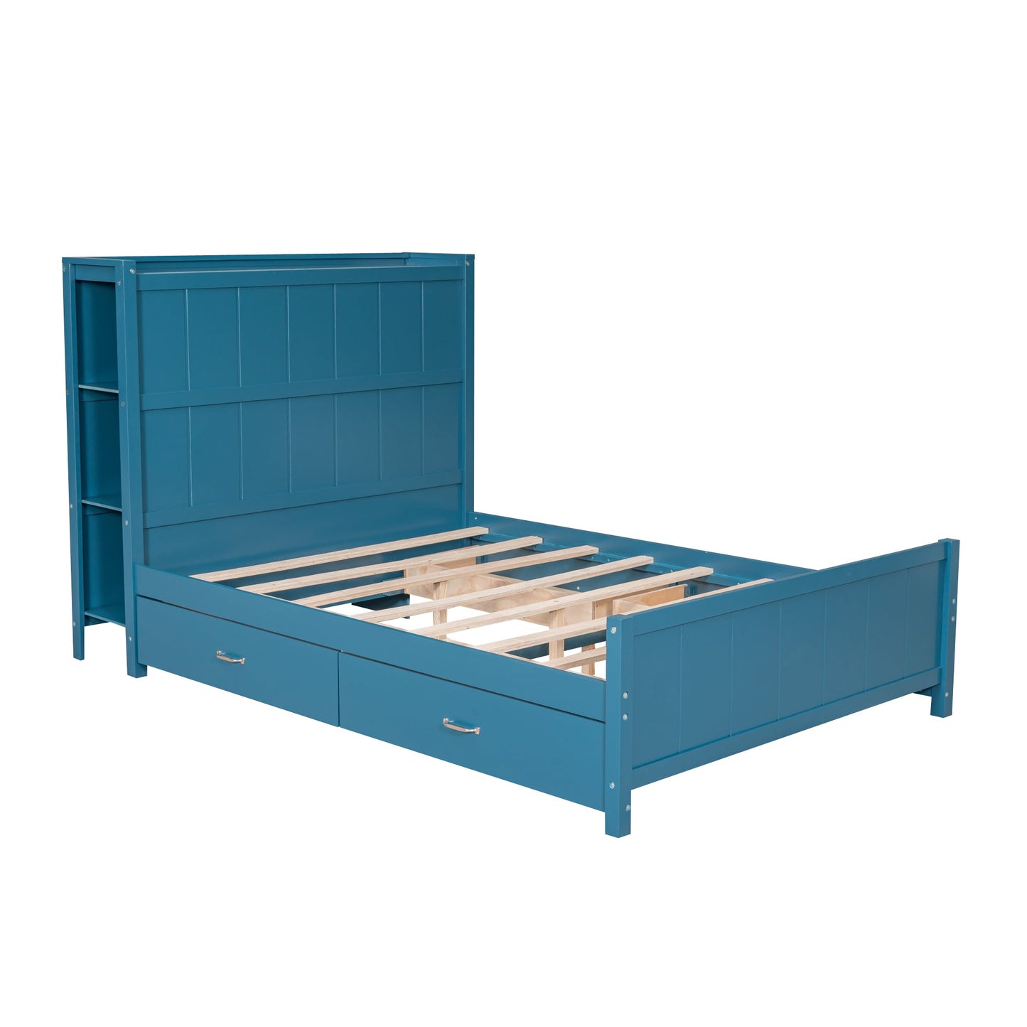 Lit plateforme bleu de taille complète avec tiroirs et étagères de rangement