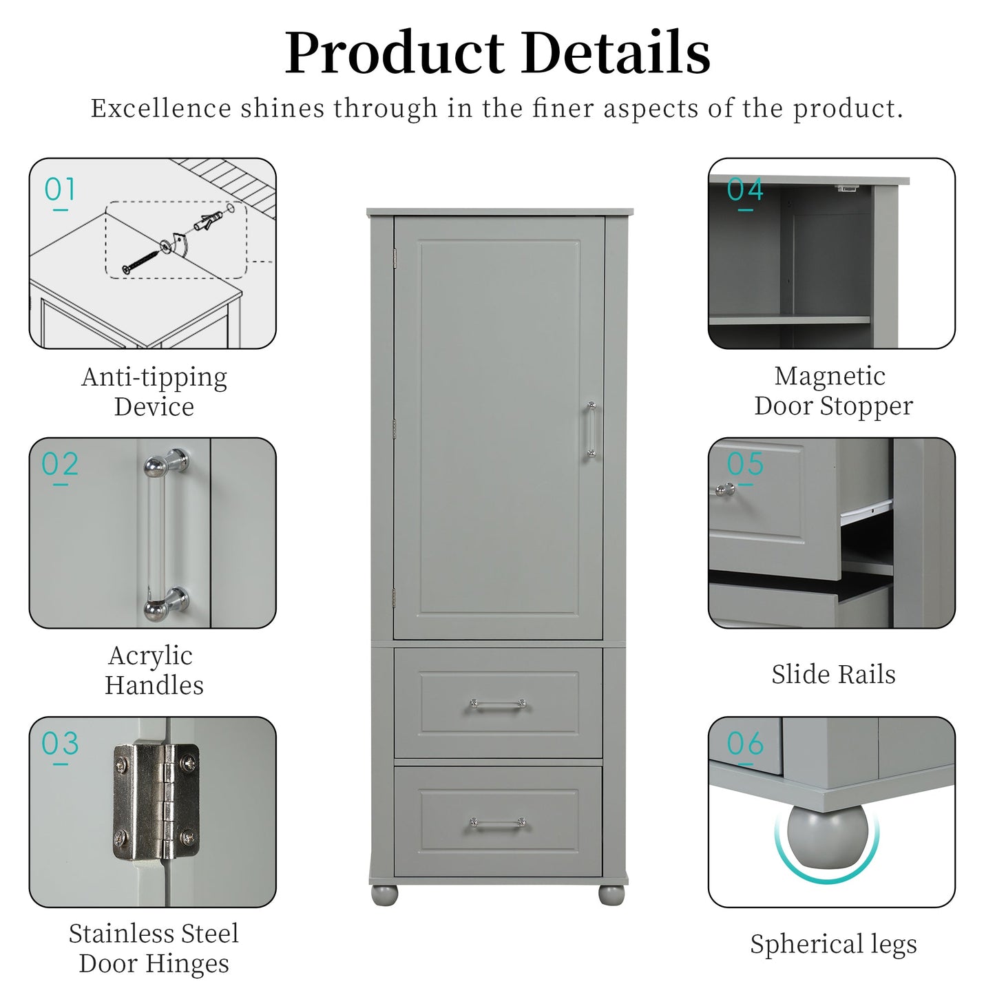 Tall Bathroom Storage Cabinet, Freestanding Storage Cabinet with Two Drawers and Adjustable Shelf, MDF Board , Grey - Korvel
