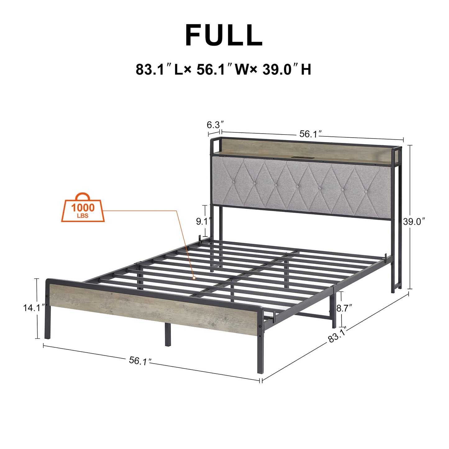 Premium Grey Full Size Bed Frame with Charging Station