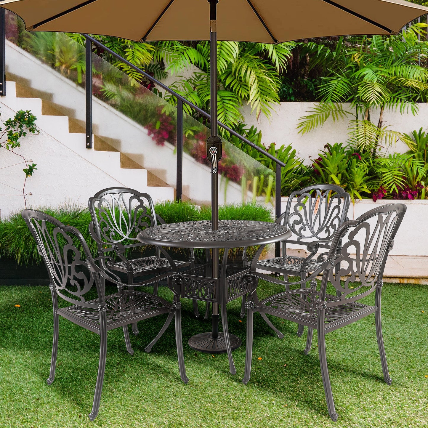 Conjunto de Comedor Exterior de 5 Piezas con Orificio para Sombrilla
