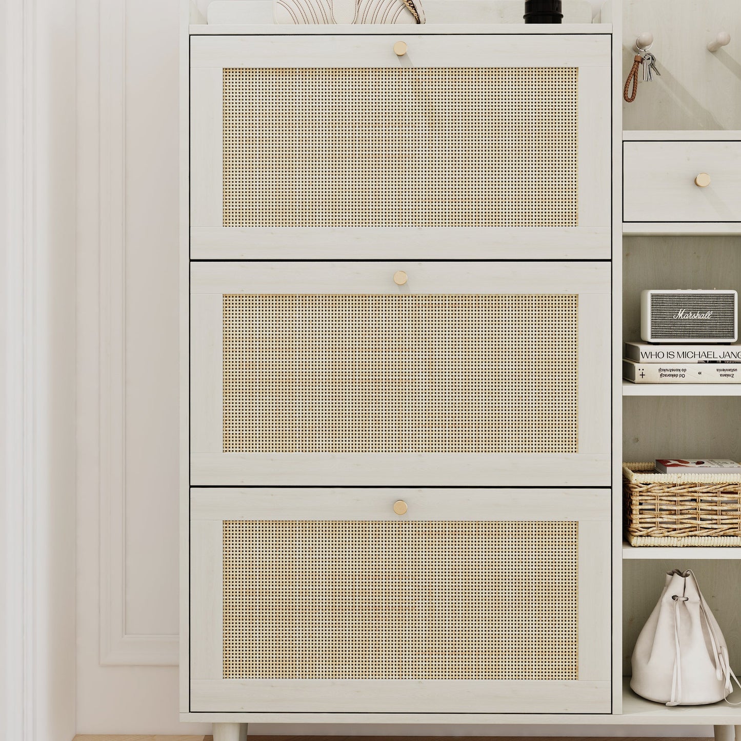 Natural Bohemian style shoe cabinet with 3 rattan flip drawers, 3 square shelves, and 1 storage drawer, white - Korvel