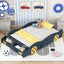 Full Size Race Car-Shaped Platform Bed with Wheels and Storage, Dark Blue+Yellow - Korvel