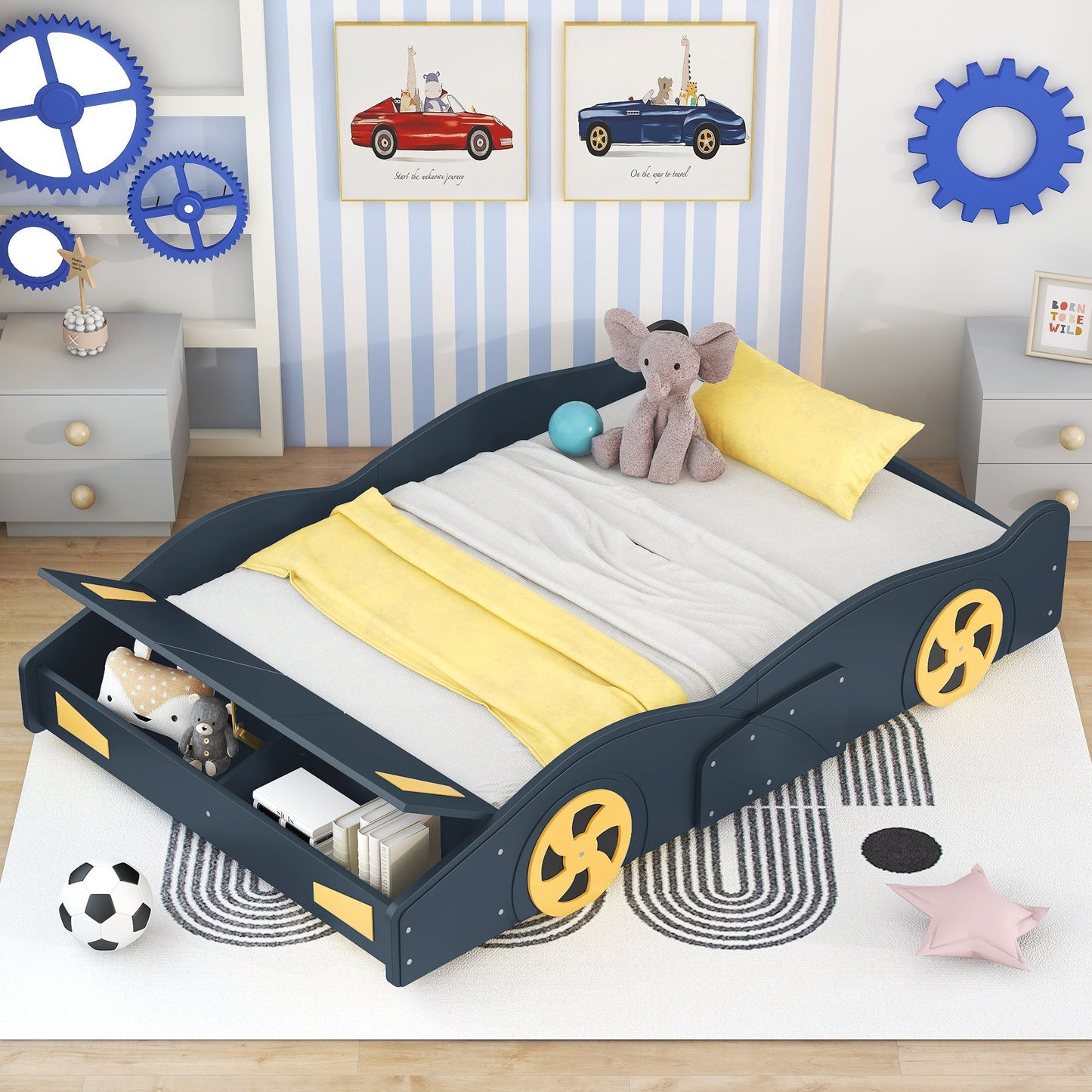 Full Size Race Car-Shaped Platform Bed with Wheels and Storage, Dark Blue+Yellow - Korvel