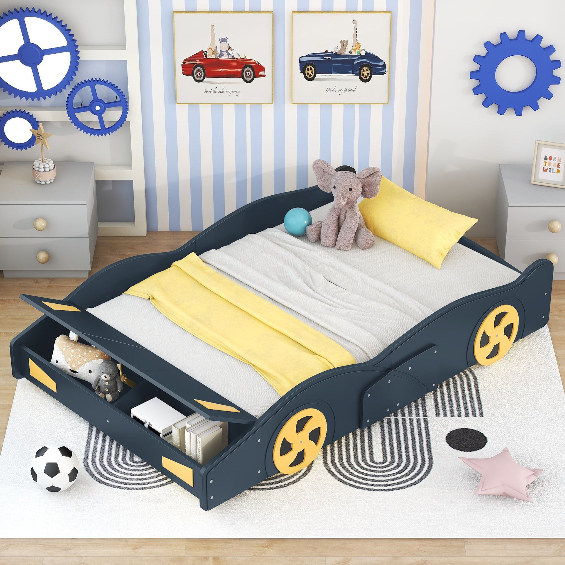 Full Size Race Car-Shaped Platform Bed with Wheels and Storage, Dark Blue+Yellow - Korvel