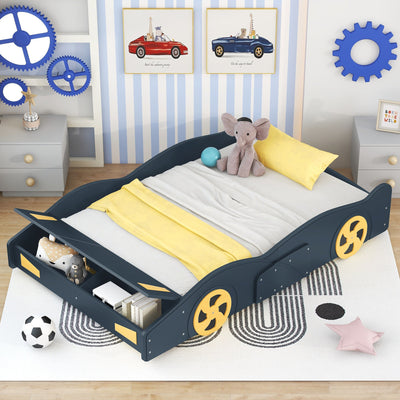 Full Size Race Car-Shaped Platform Bed with Wheels and Storage, Dark Blue+Yellow - Korvel