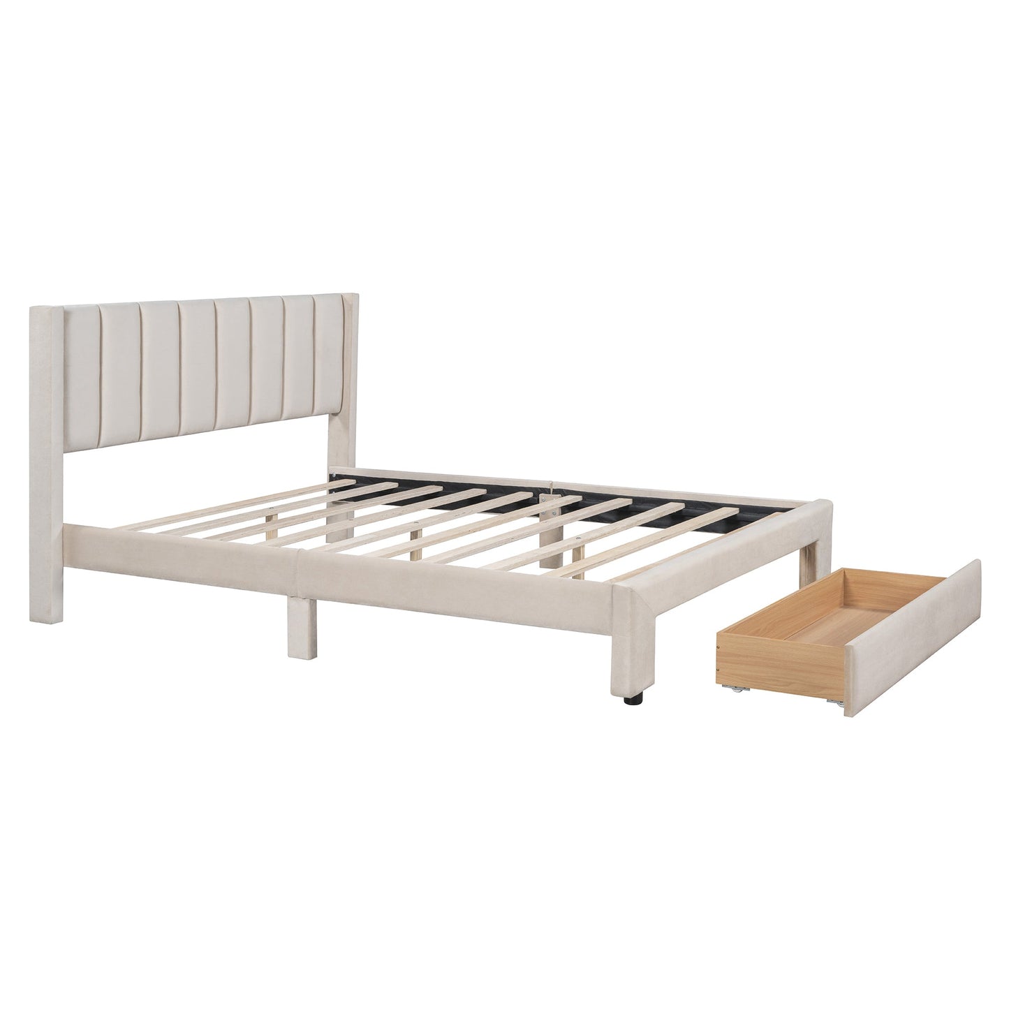 Queen Size Storage Bed Velvet Upholstered Platform Bed with a Big Drawer - Beige - Korvel