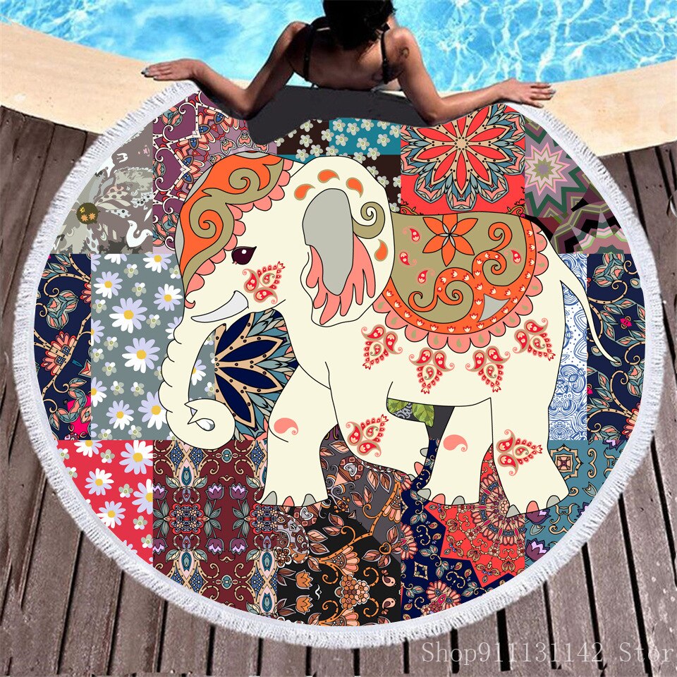 3d Bohemian Tai Chi Animal Digital Print Round Ribbon Beach Towel Swimming Yoga Picnic Mat Bikini Covered Napkin - Korvel