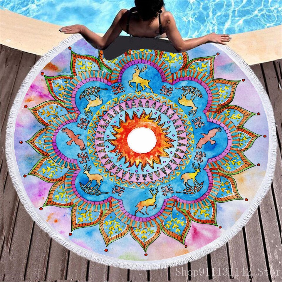 3d Bohemian Tai Chi Animal Digital Print Round Ribbon Beach Towel Swimming Yoga Picnic Mat Bikini Covered Napkin - Korvel