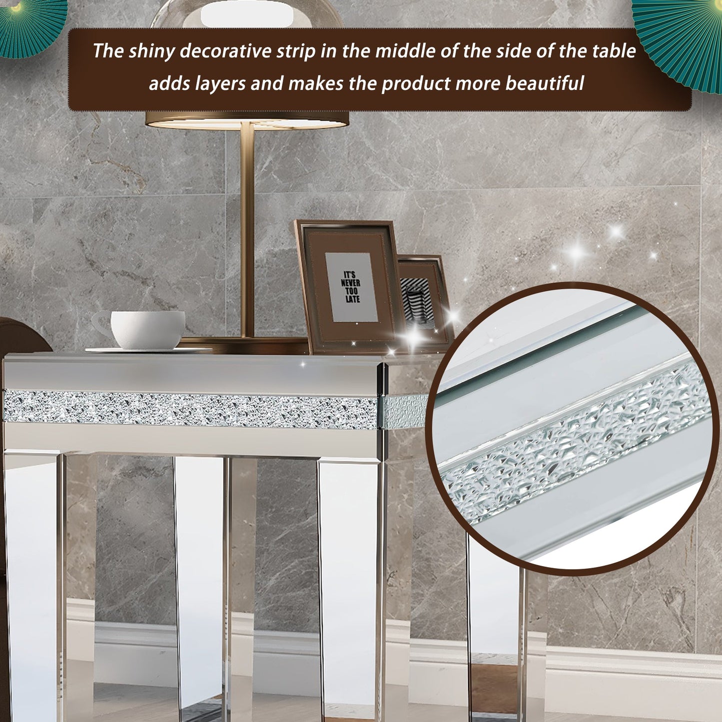 ON-TRANS glass mirror edge table, easy to assemble crystal design and adjustable height leg edge table, silver - Korvel