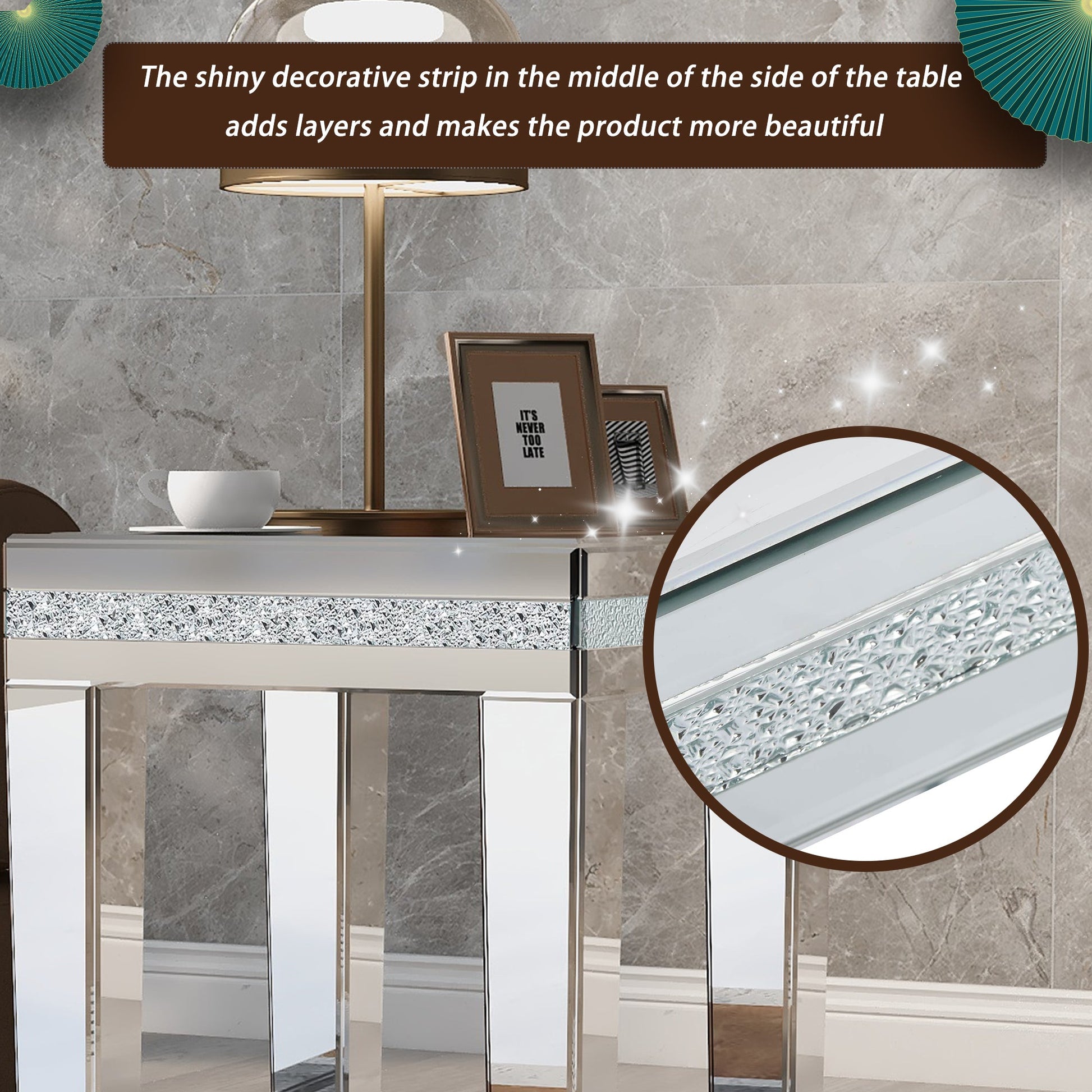 ON-TRANS glass mirror edge table, easy to assemble crystal design and adjustable height leg edge table, silver - Korvel