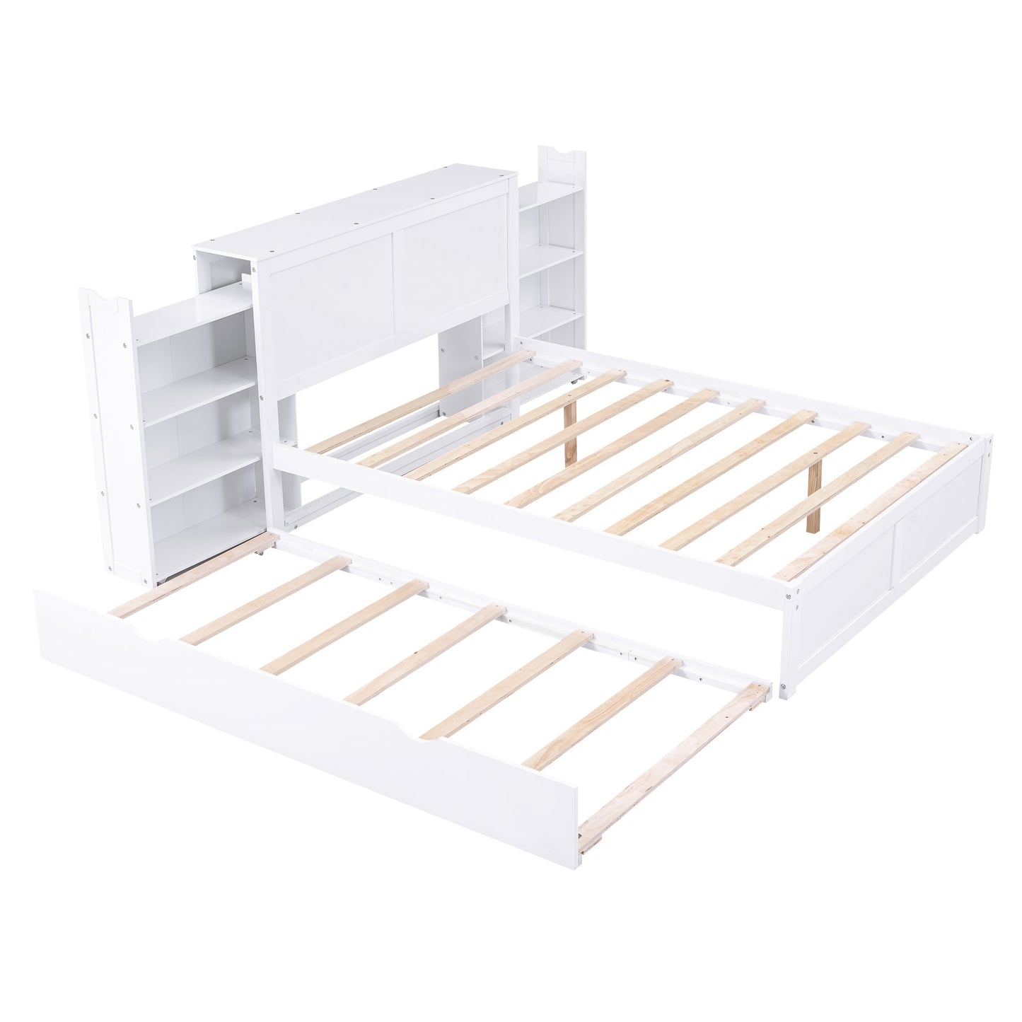 Full Size Storage Platform Bed with Pull Out Shelves and Twin Size Trundle, White - Korvel