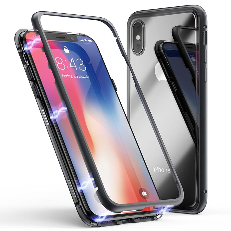 Double sided  Magnetic Case for iPhone X Clear Tempered Glass Magnet Adsorption Case - Korvel