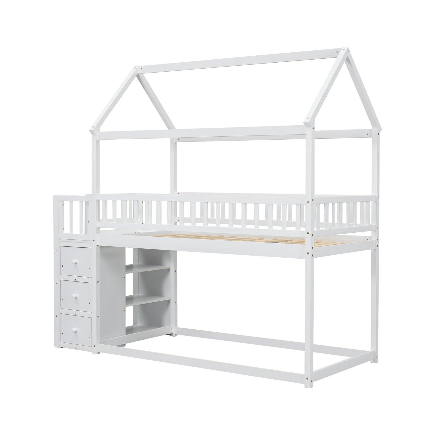 TWIN/TWIN HOUSE BUNK BED WITH SHELVES AND DRAWERS FOR WHITE COLOR - Korvel