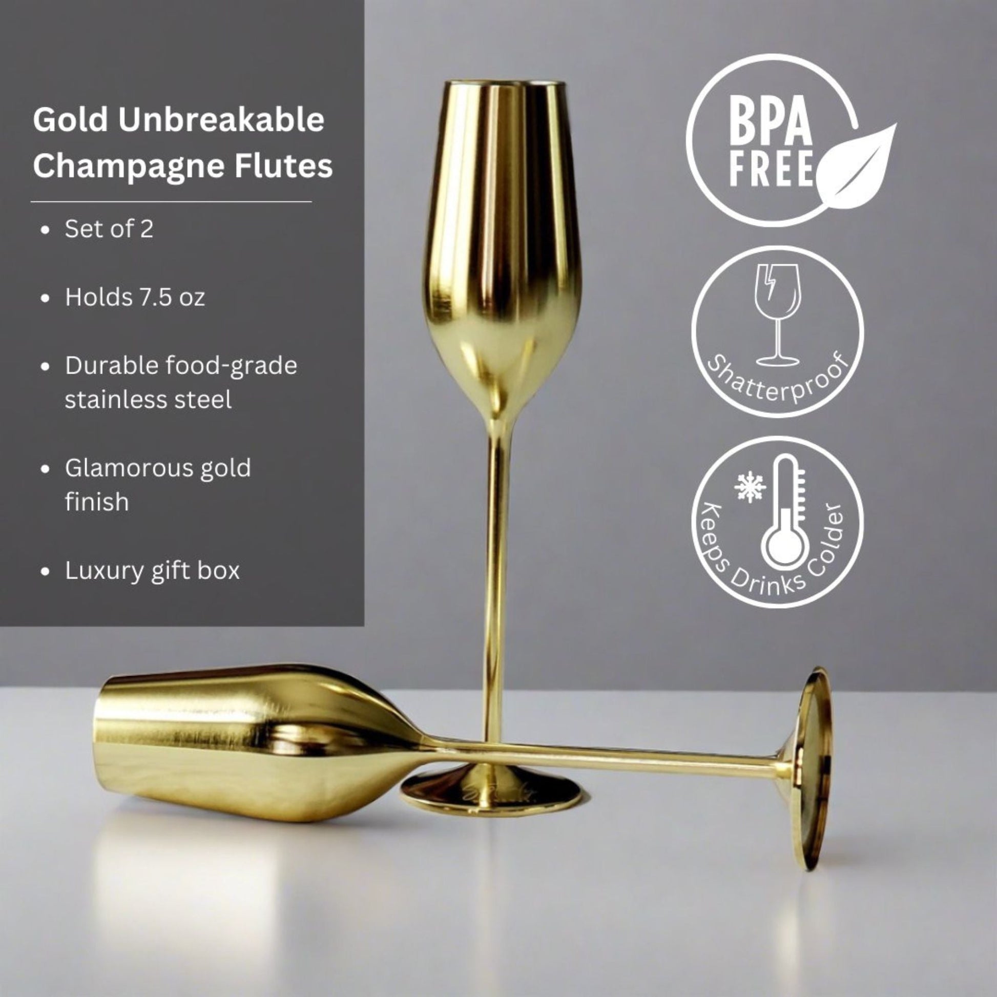 Elegant Gold Stainless Steel Champagne Flutes - Unbreakable & Chic - Korvel