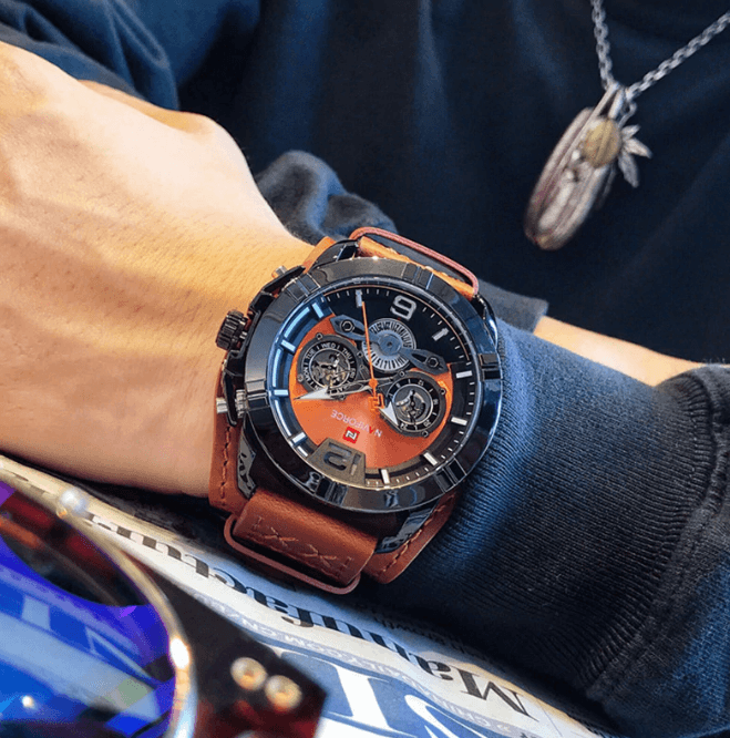 Reloj de cuero impermeable para hombres con cronómetros