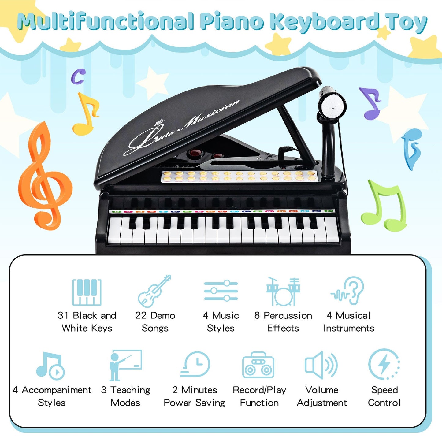 Clavier de piano pour enfants 31 touches avec tabouret et couvercle - Noir