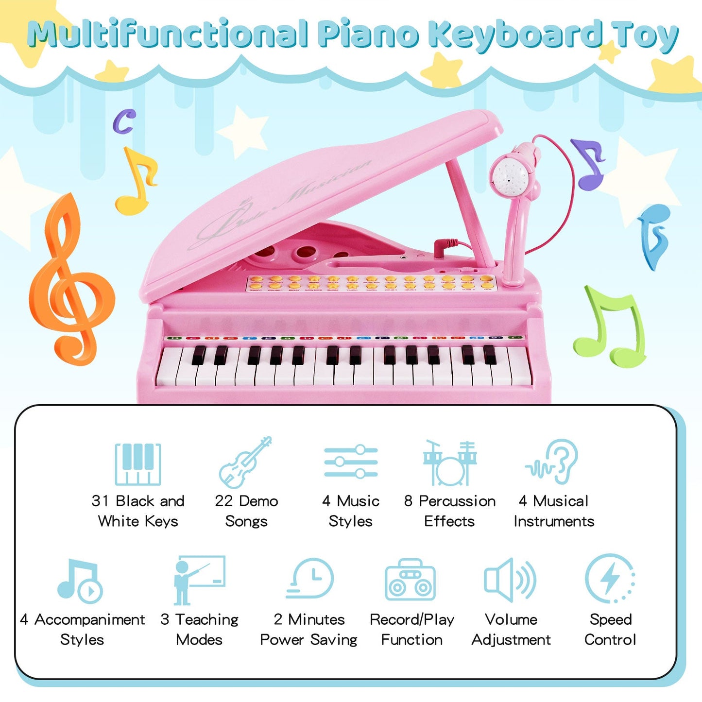 Clavier de piano pour enfants 31 touches avec tabouret - Rose