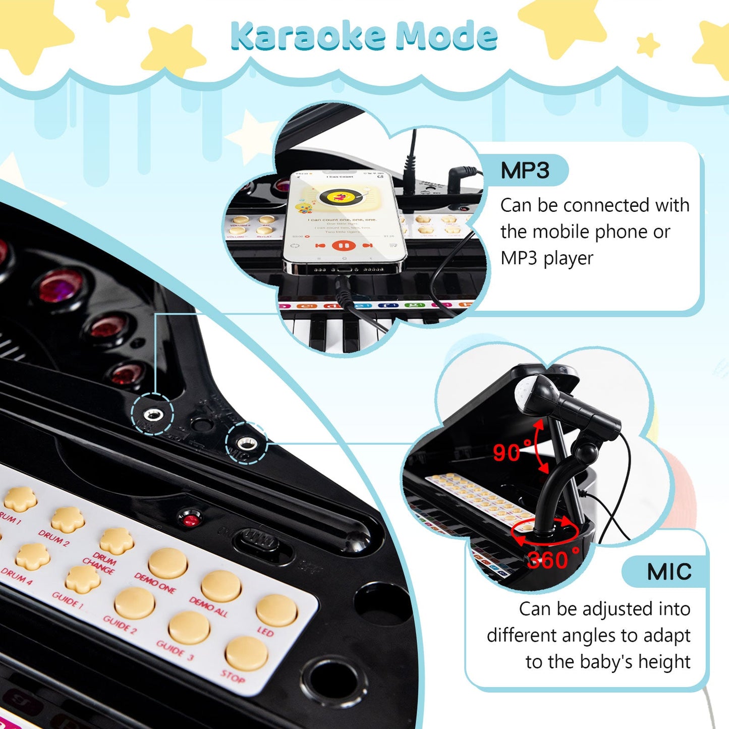Clavier de piano pour enfants 31 touches avec tabouret et couvercle - Noir