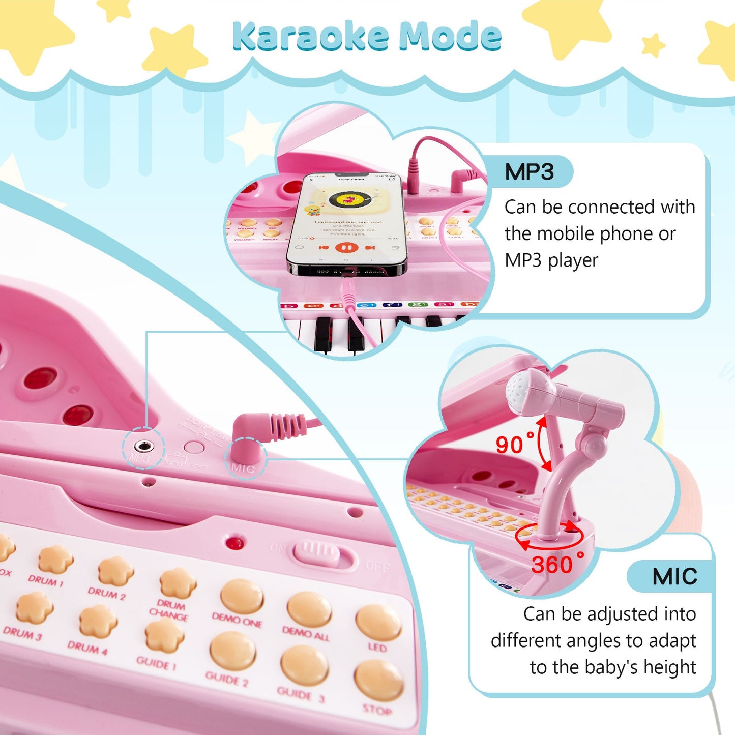 Clavier de piano pour enfants 31 touches avec tabouret - Rose