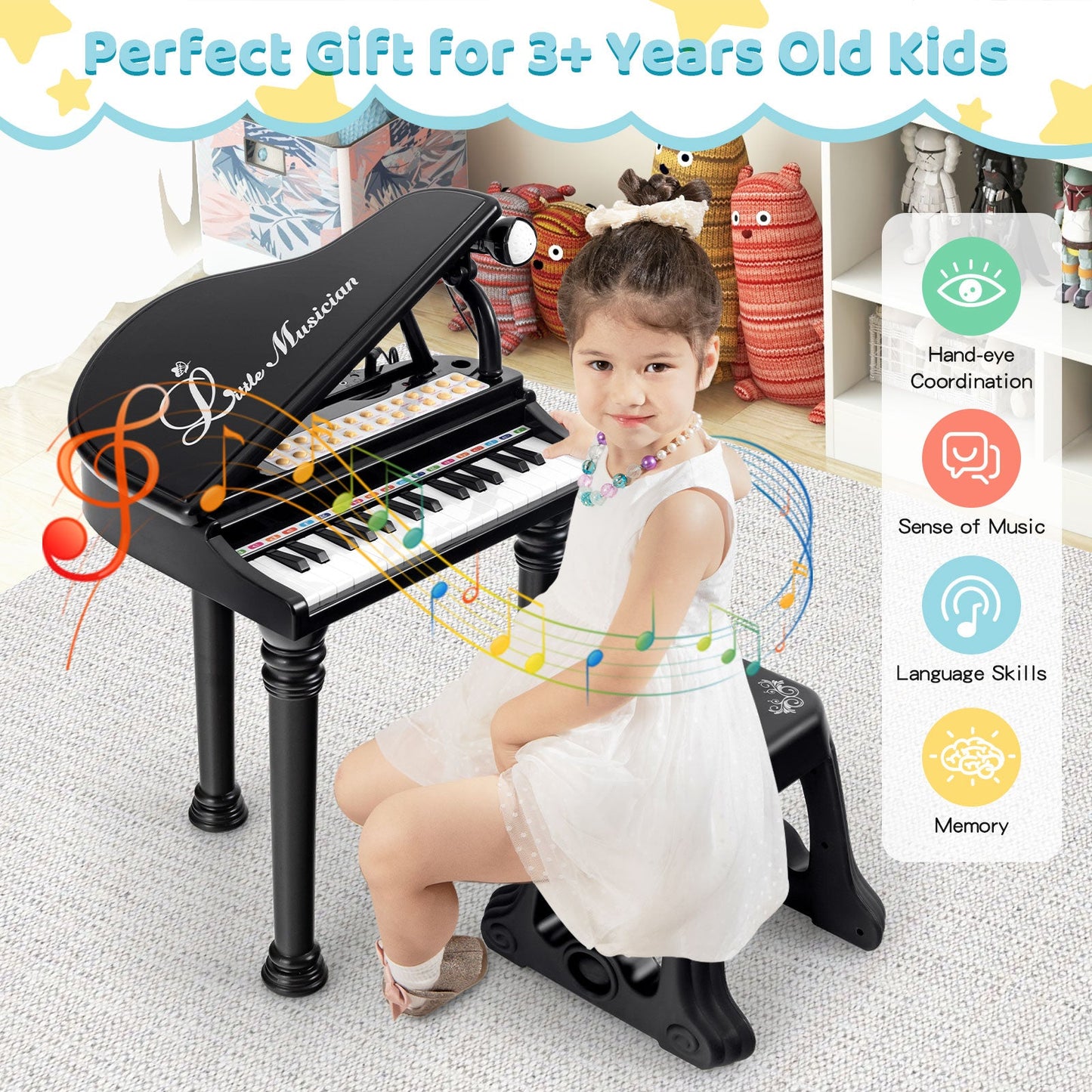 Clavier de piano pour enfants 31 touches avec tabouret et couvercle - Noir