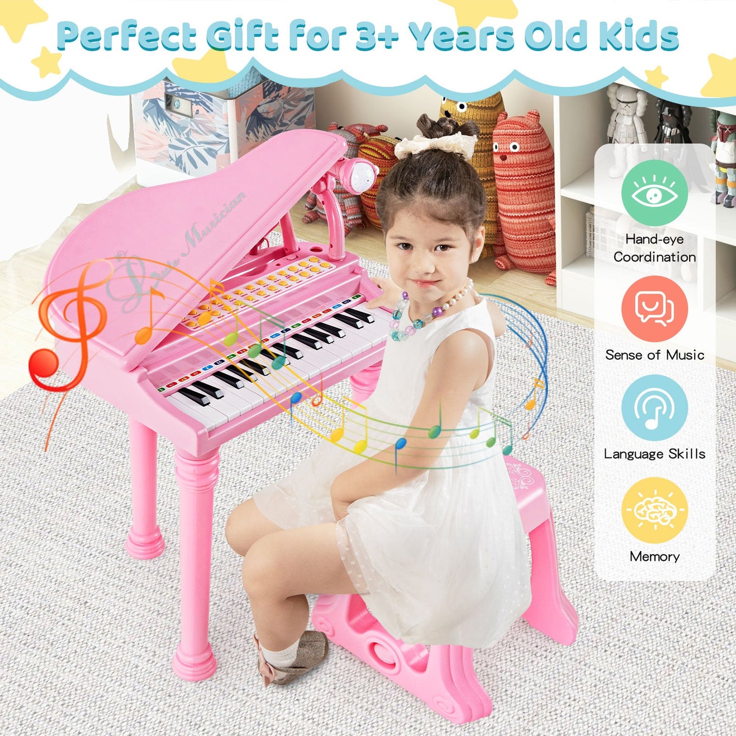 Clavier de piano pour enfants 31 touches avec tabouret - Rose