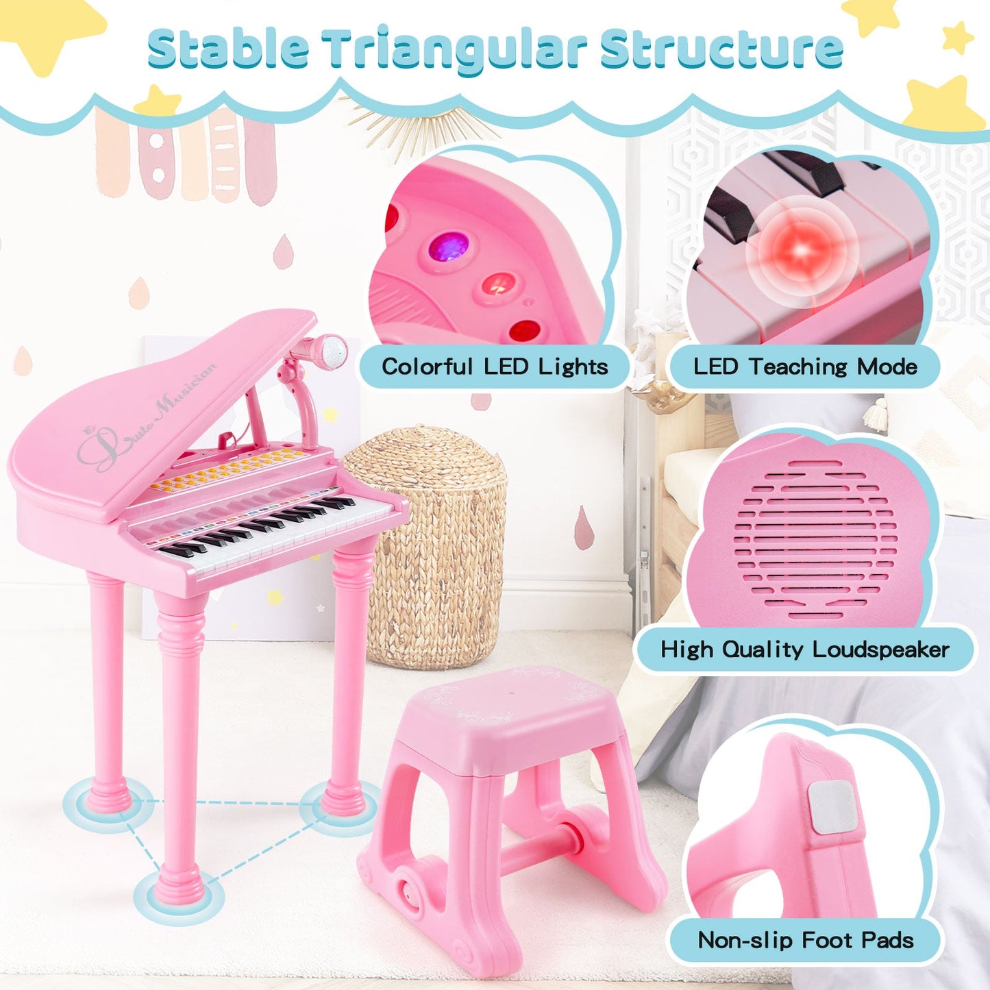 Clavier de piano pour enfants 31 touches avec tabouret - Rose