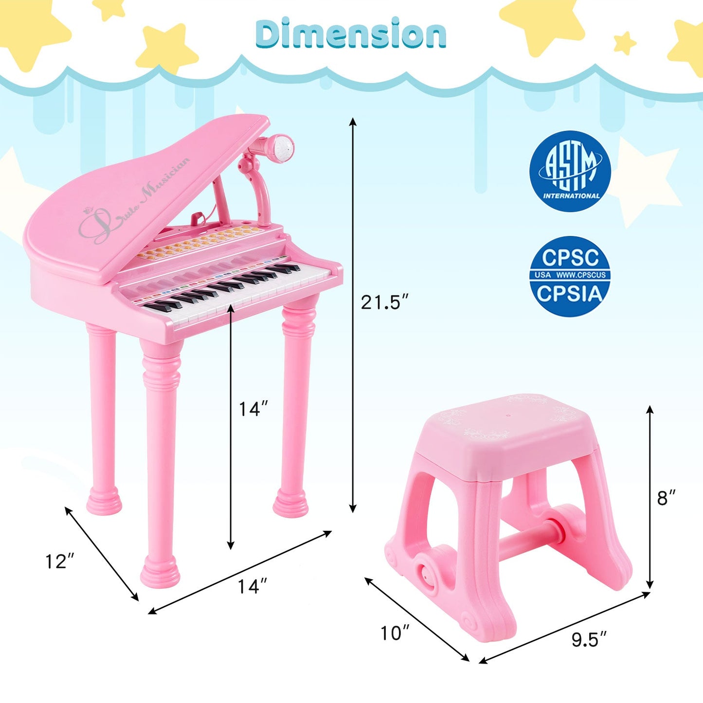 Clavier de piano pour enfants 31 touches avec tabouret - Rose