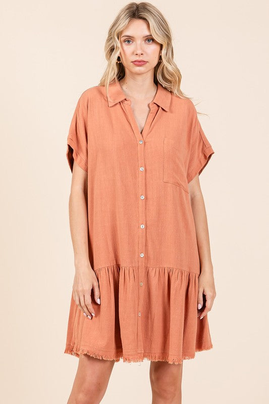 Linen Blend Button Down Shirt Mini Dress for Women