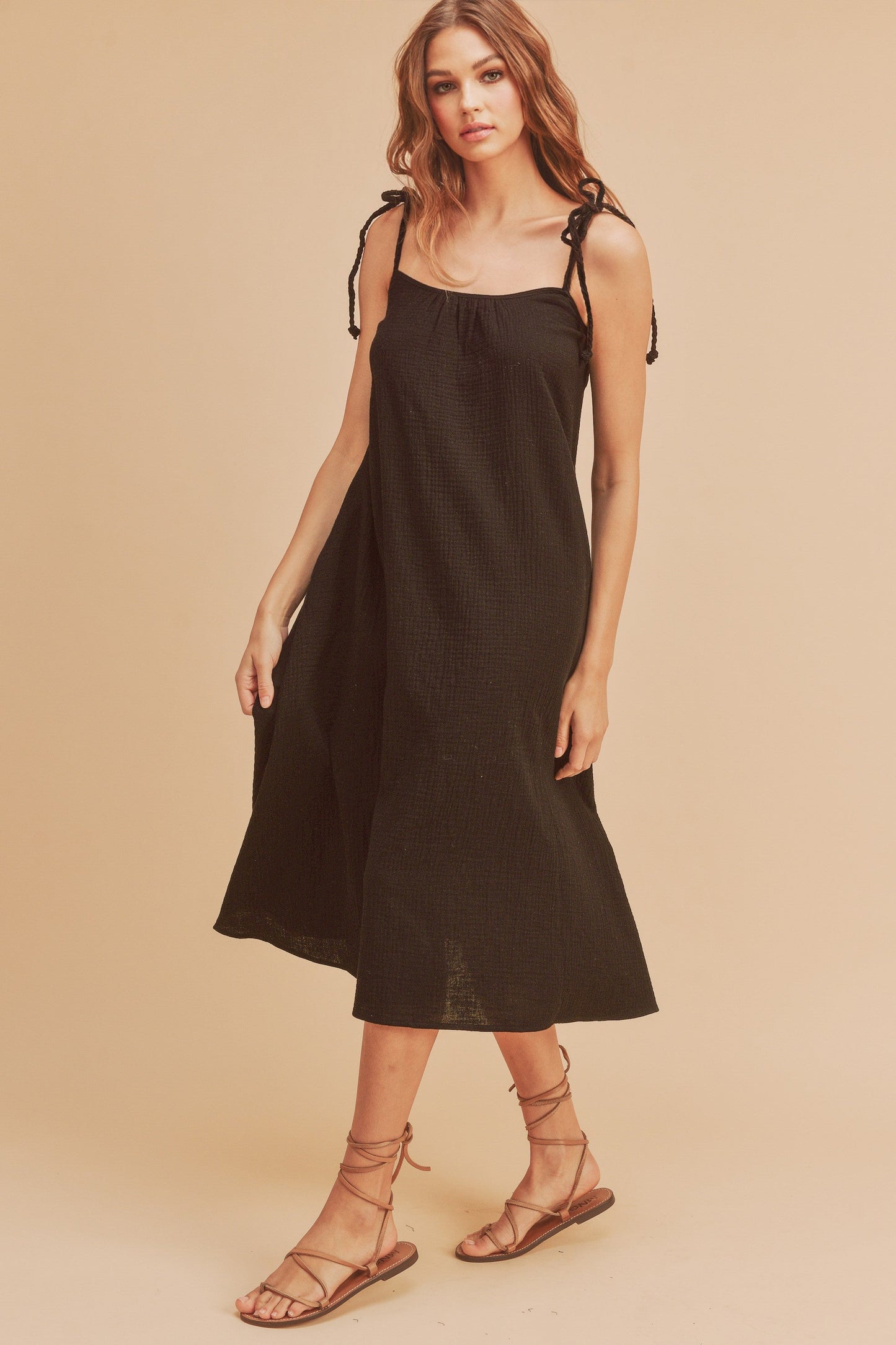 Summer Midi Cami Dress with Braided Tie Shoulders & Pockets