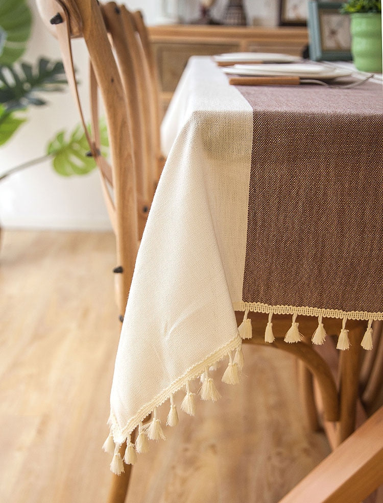 90x90 cm Plaid Decorative Linen Tablecloth with Tassels