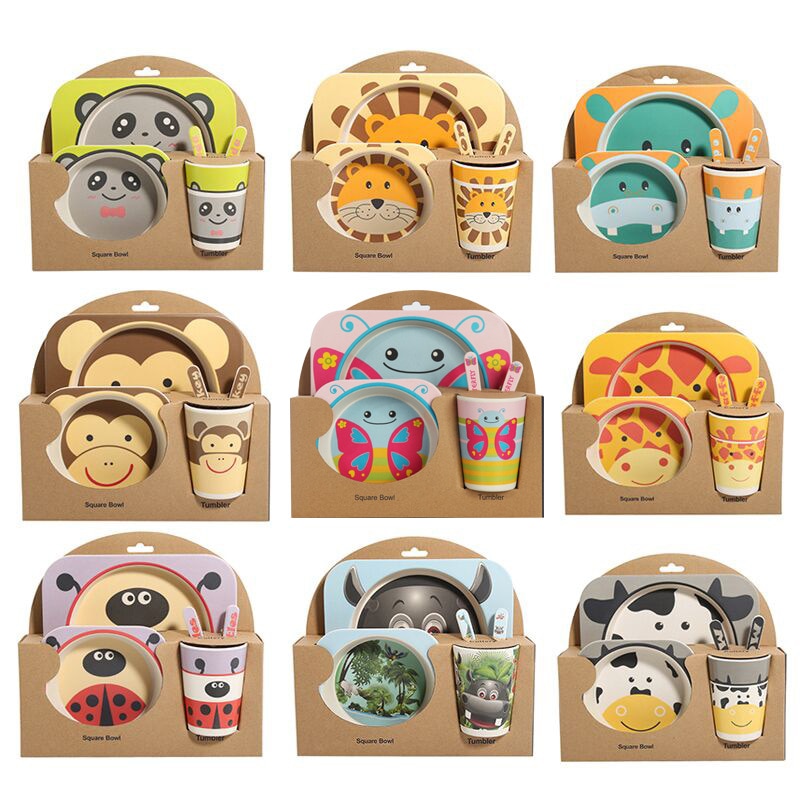 5pcs/set Children Baby Bamboo Fiber Tableware Baby Tableware Set Cartoon Animal Tableware Aet - Korvel