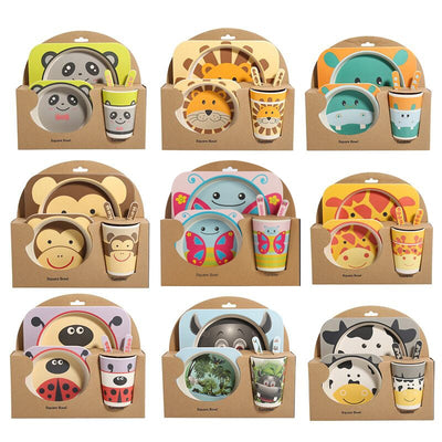 5pcs/set Children Baby Bamboo Fiber Tableware Baby Tableware Set Cartoon Animal Tableware Aet - Korvel