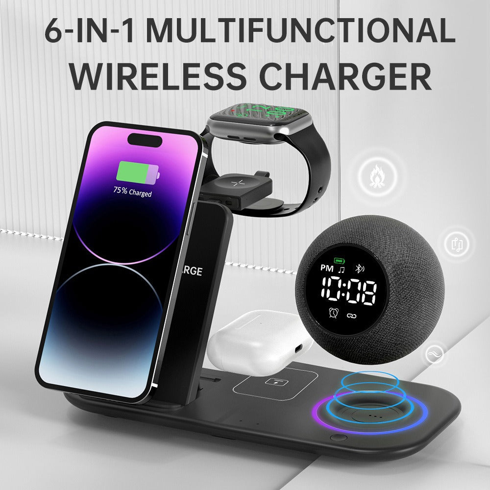Six in one mobile phone watch headphones wireless charging clock alarm Bluetooth speaker night light - Korvel