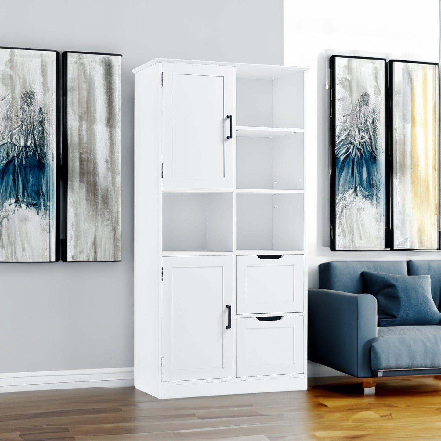 Bathroom storage cabinet with doors and drawers, multiple storage spaces, independent, open adjustable shelves, white - Korvel