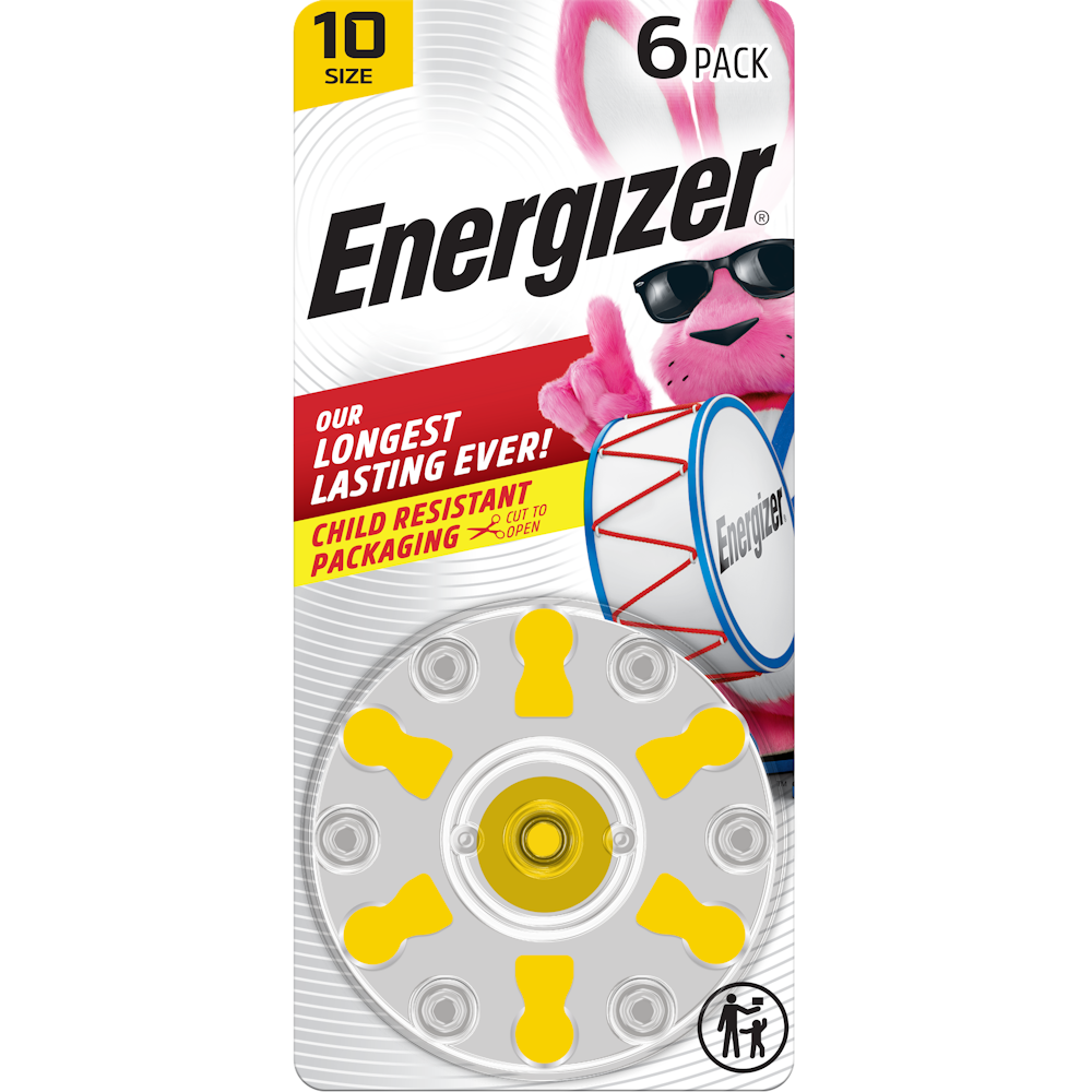 Energizer Hearing Aid Batteries, Size 10, Yellow Tab, 6-Pack