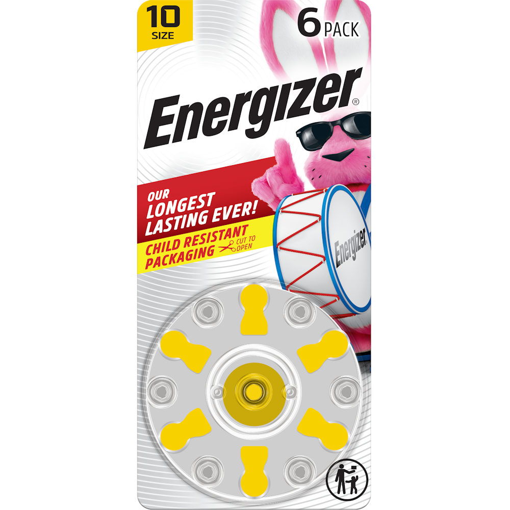 Piles de prothèse auditive Energizer, taille 10, onglet jaune, paquet de 6