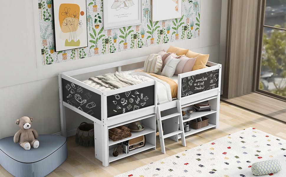 Twin Size Low Loft Bed with Two Movable Shelves and Ladder,with Decorative Guardrail Chalkboard,White - Korvel