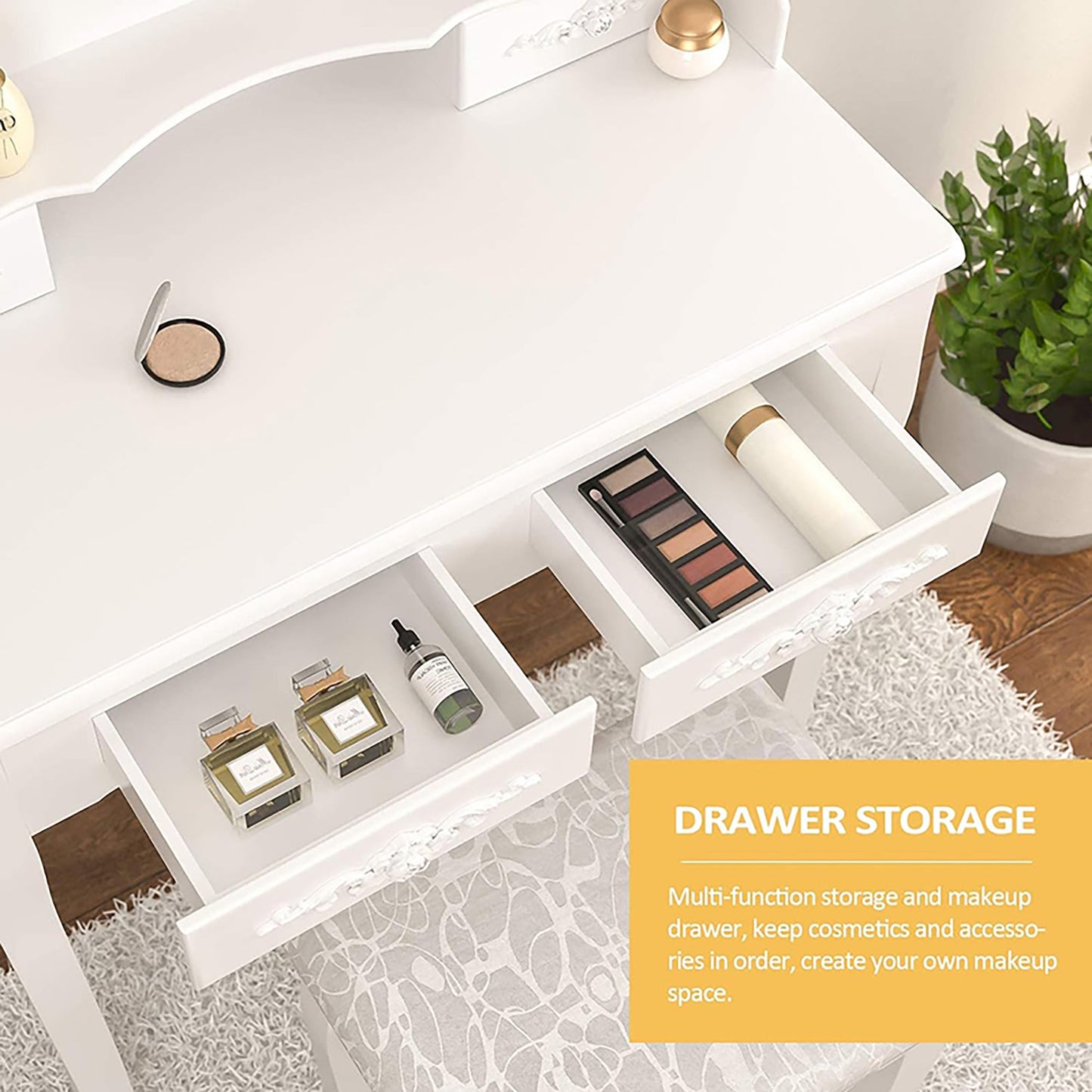 Vanity Table Set with 4 Drawer, Makeup Dressing Table w/Cushioned Stool, Girls Women Bedroom Furniture Set Oval Mirror - Korvel