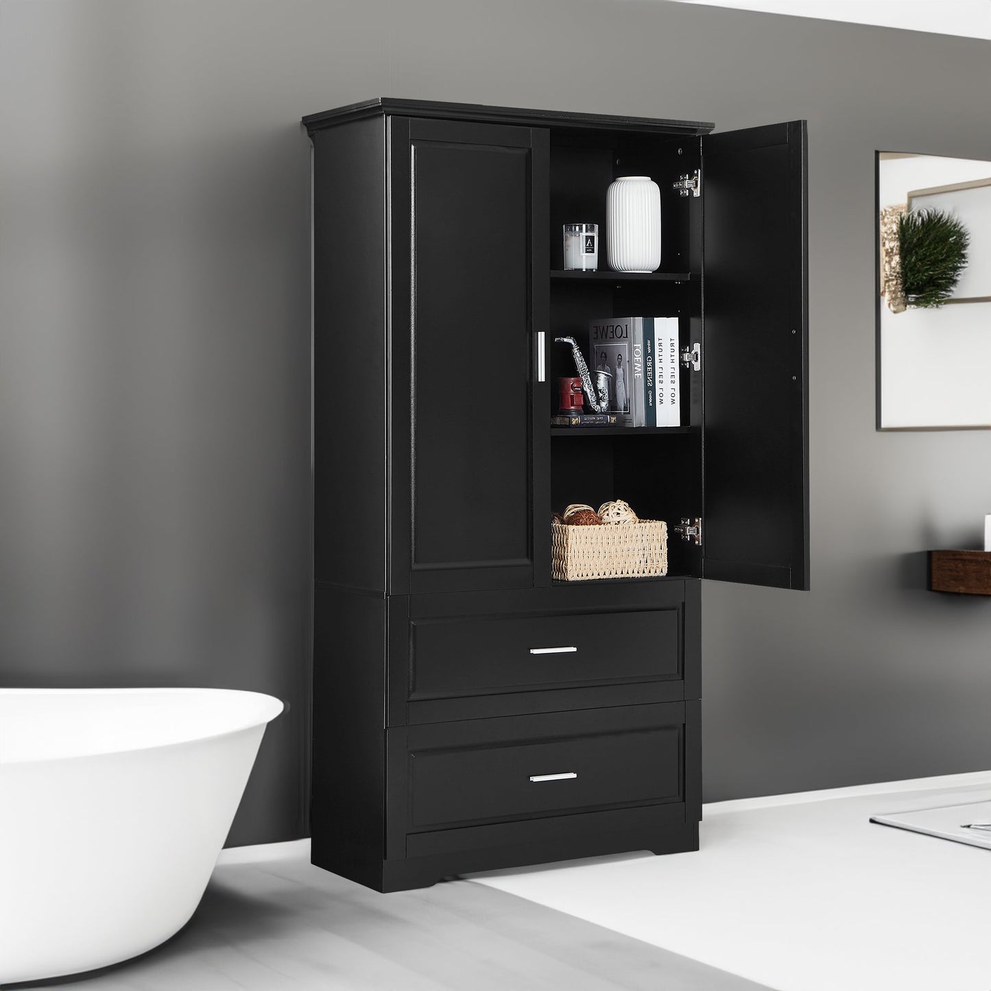 Tall Bathroom Storage Cabinet, Cabinet with Two Doors and Drawers, Adjustable Shelf, MDF Board, Black - Korvel